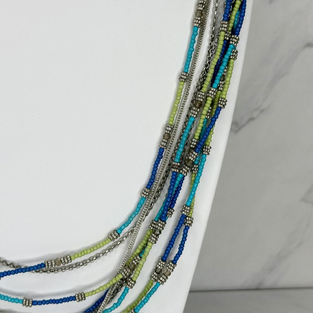 Chico's Multi Strand Seed Bead Necklace Blue Green Silver Tone Long ✨ - Picture 6 of 9